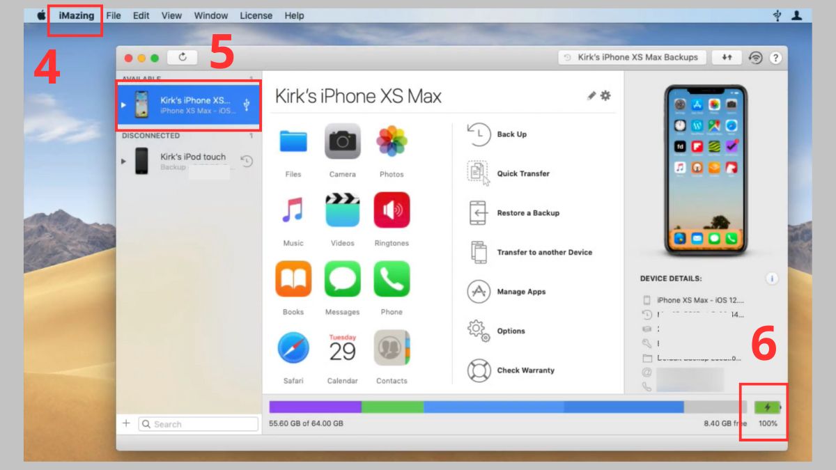 Kiểm tra dung lượng pin iPhone XS Max bằng iMazing - bước 4
