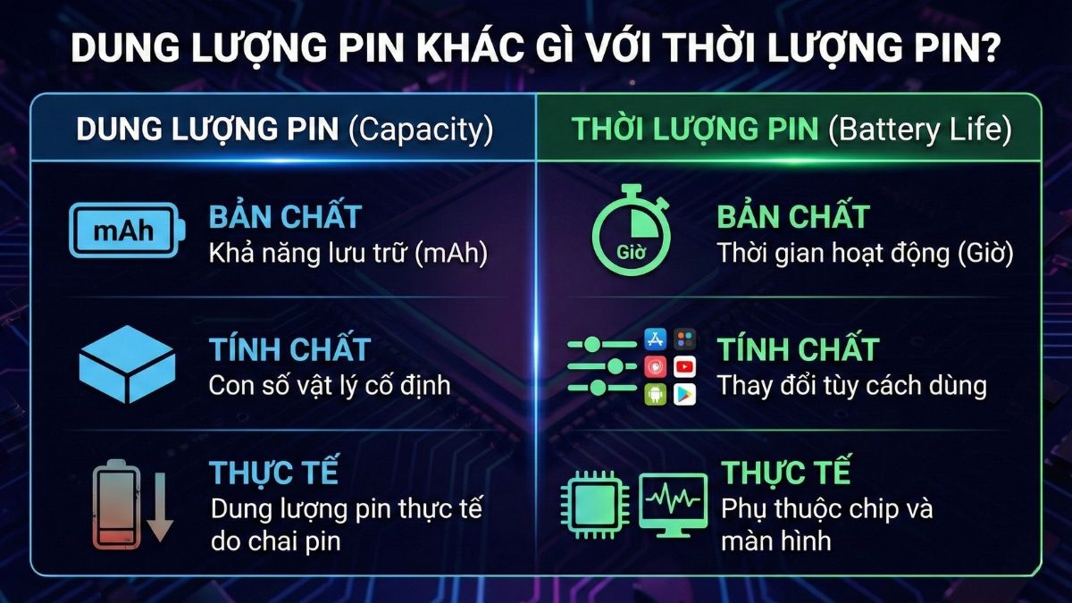 So sánh dung lượng pin và thời lượng pin