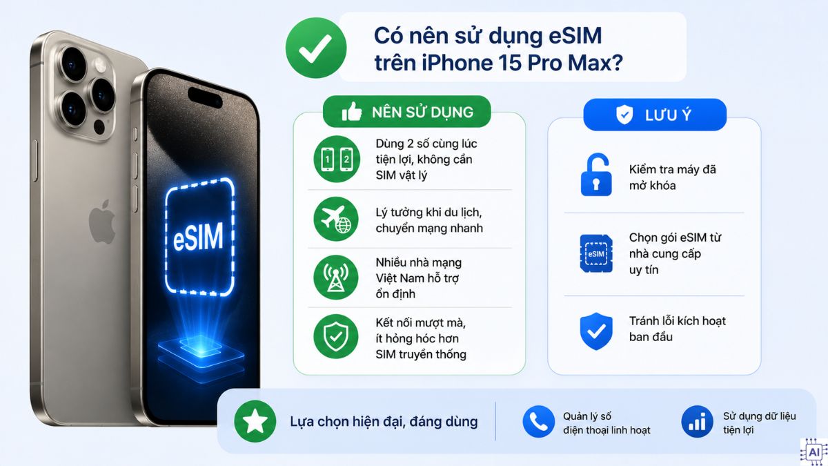 Nên sử dụng eSIM trên iPhone 15 Pro Max khi bạn cần dùng hai số cùng lúc 