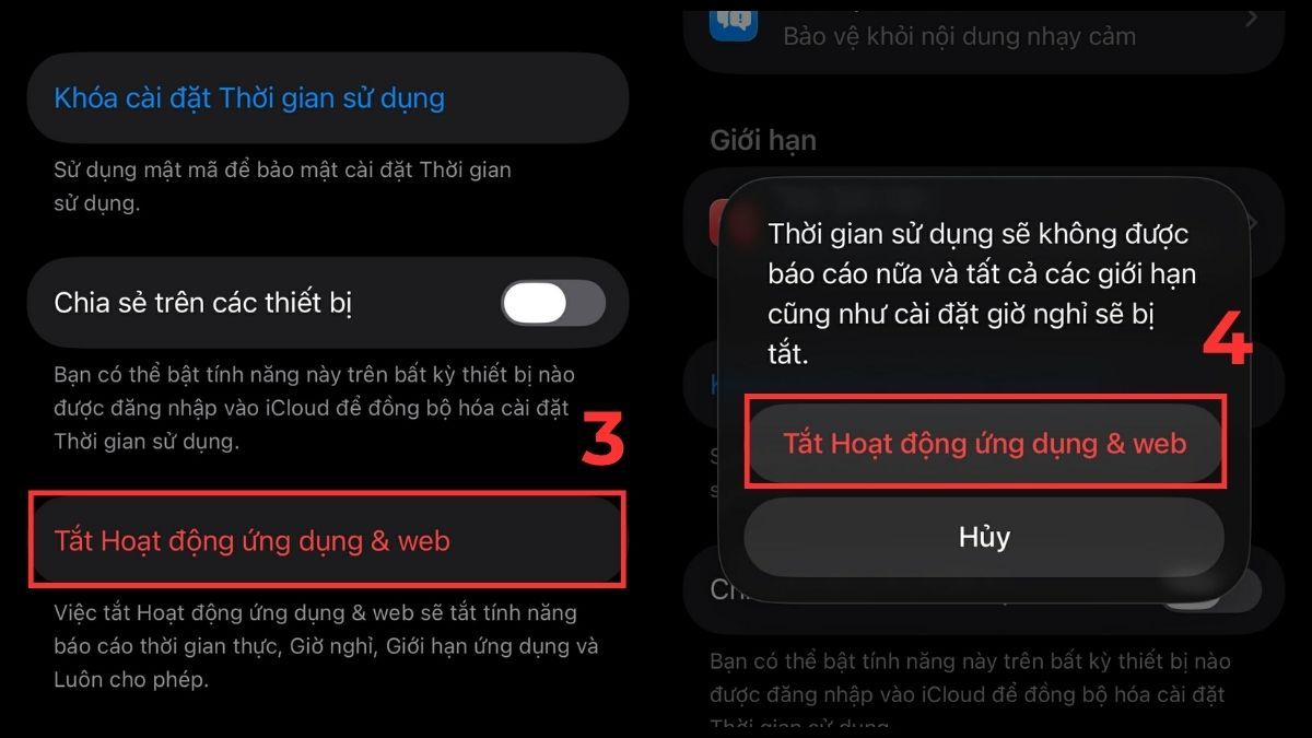 Tắt Giới hạn Thời gian sử dụng để khắc phục lỗi iCloud bị mờ không vào được - bước 2,3
