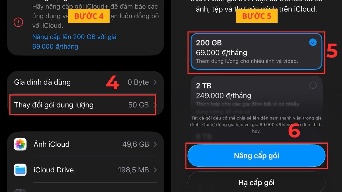 Mua thêm gói dung lượng iCloud khi iCloud bị đầy - bước 2,3,4