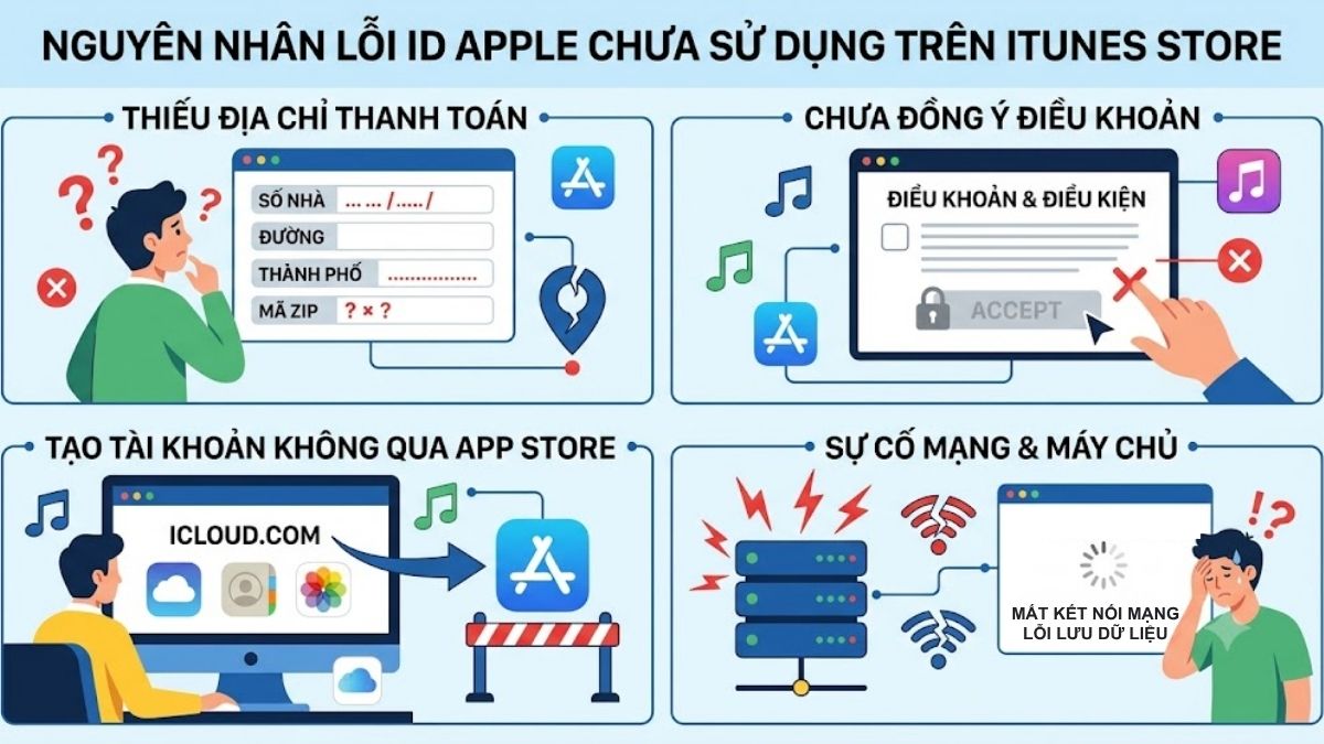 Nguyên nhân lỗi ID Apple chưa được sử dụng ở iTunes Store