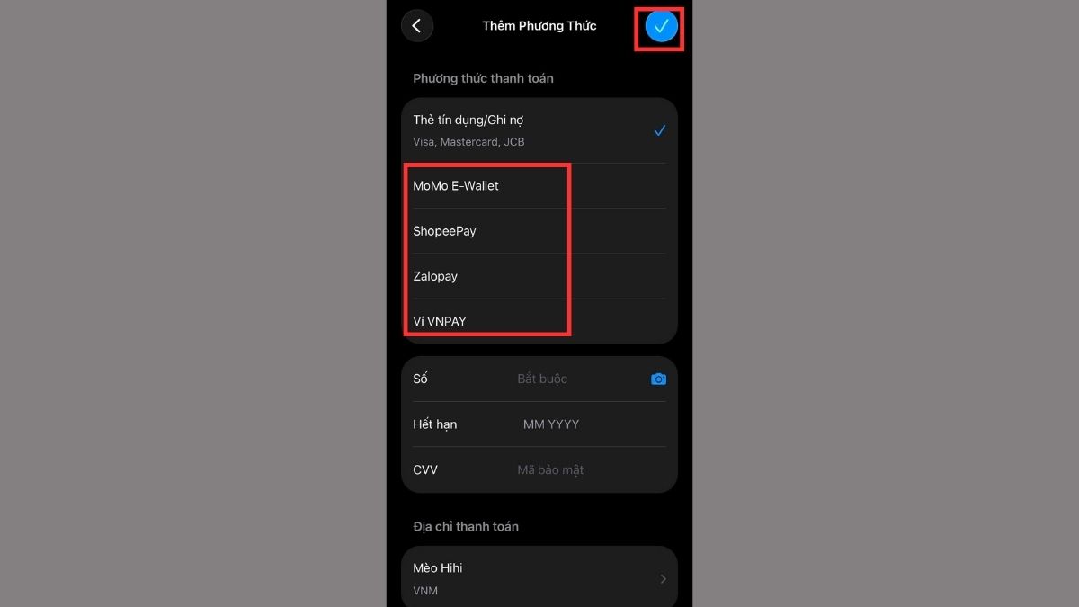 Khắc phục lỗi ID Apple chưa được sử dụng bằng cách cập nhật phương thức thanh toán và địa chỉ giao hàng - bước 2,3,4