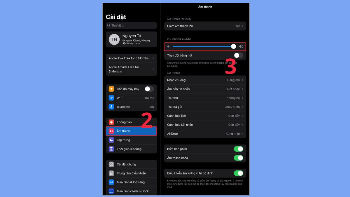 Khắc phục iPad mất tiếng bằng cách kiểm tra âm thanh trong cài đặt - bước 2,3