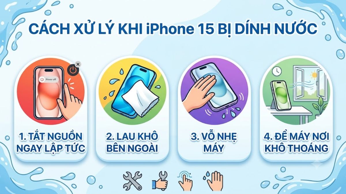 Cách xử lý nhanh, an toàn, hiệu quả khi iPhone 15 bị dính nước