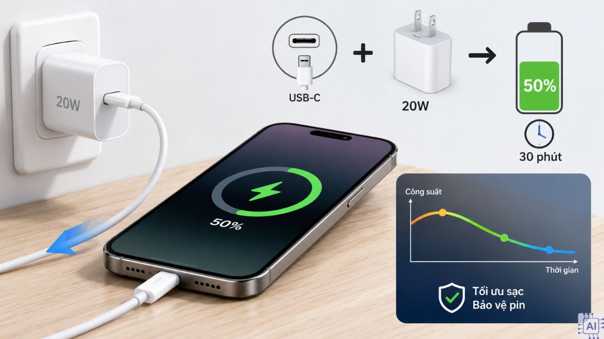 iPhone 16 Pro Max sạc nhanh 20W với công suất có dây