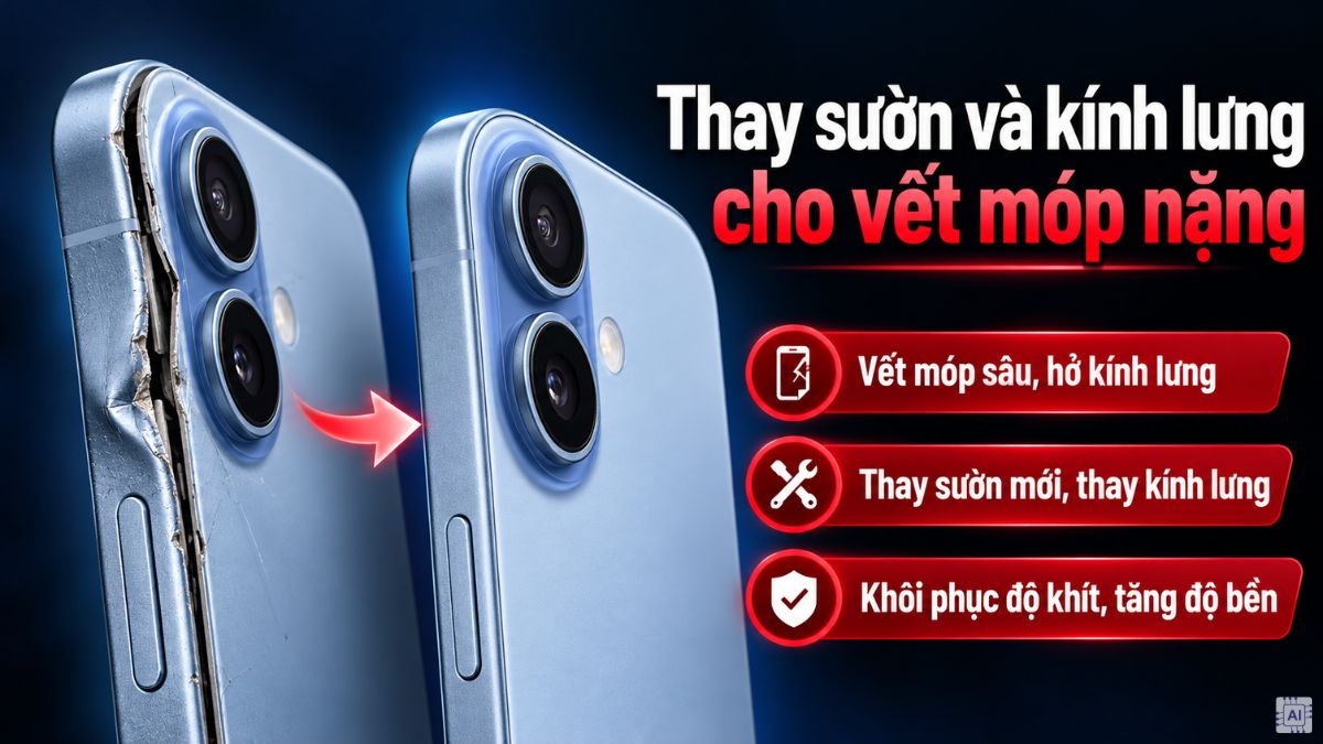 Thay sườn và kính lưng cho vết móp nặng để khắc phục iPhone 17 bị móp