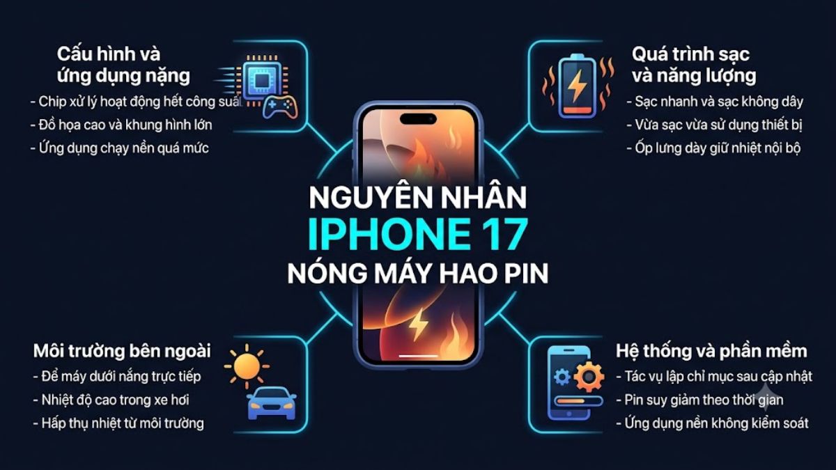 Nguyên nhân khiến iPhone 17 bị nóng máy hao pin