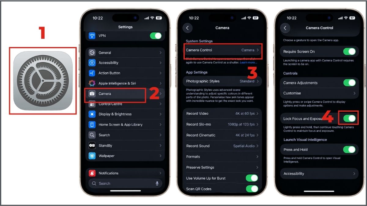 Cách khóa lấy nét và độ sáng bằng nút Camera Control