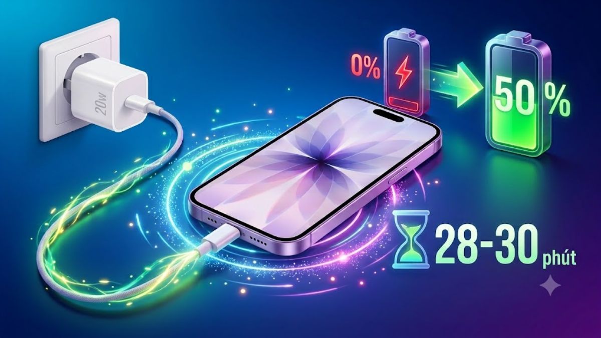 Thời gian sạc iPhone 17 bằng sạc 20W khoảng 28 đến 30 phút