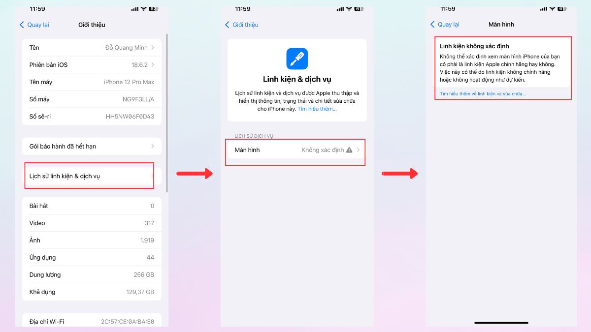 Cách kiểm tra iPhone báo linh kiện chính hãng trước khi mua - bước 2,3