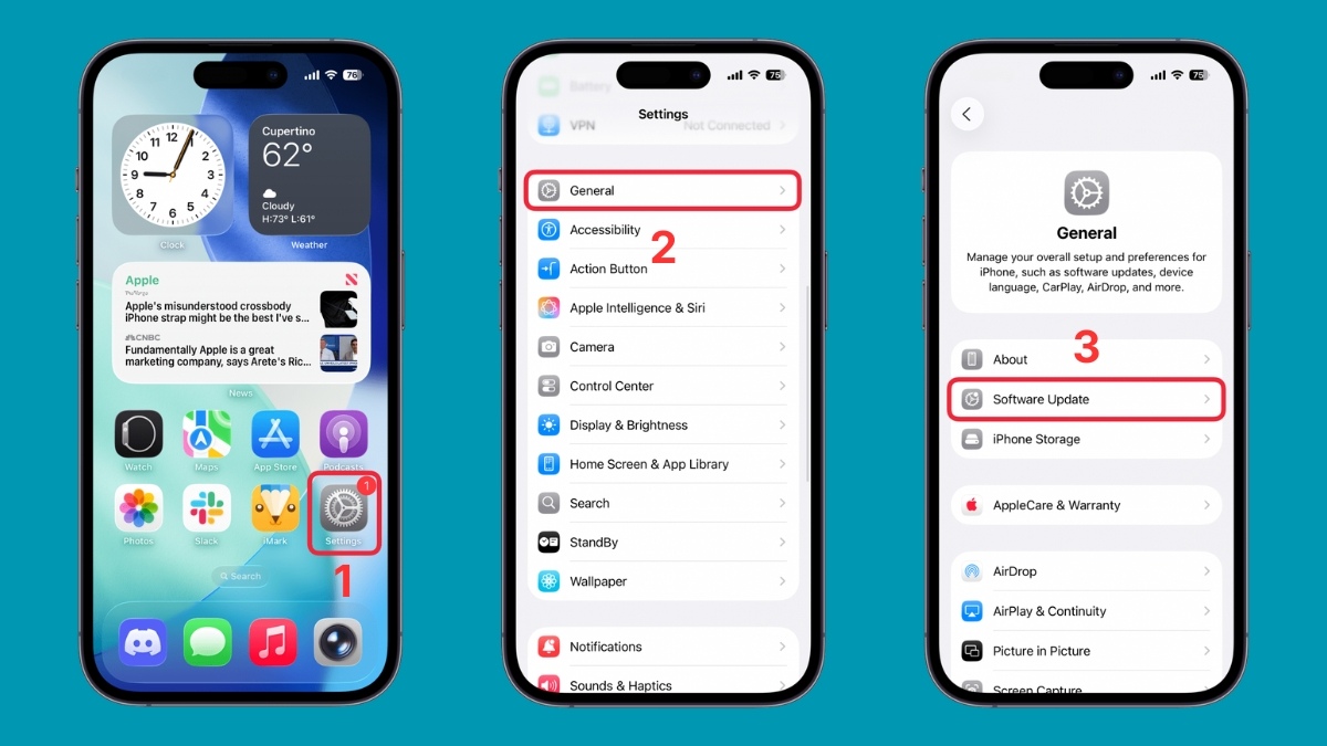 Cập nhật iOS để khắc phục lỗi iPhone báo linh kiện không xác định - bước 1,2,3