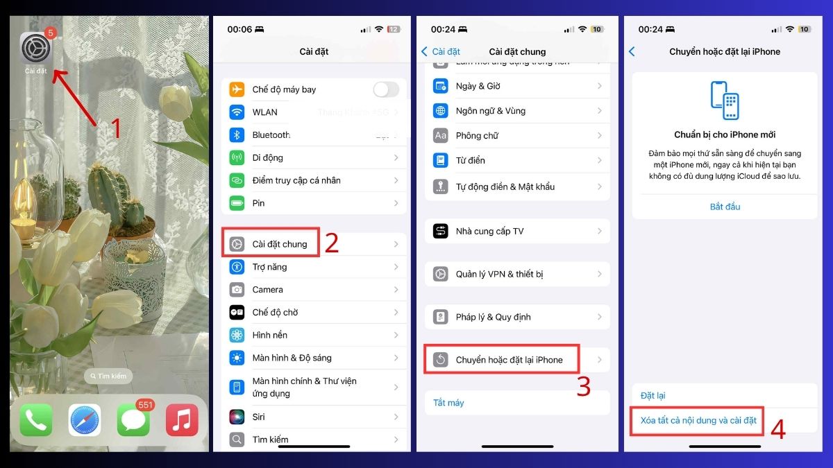 Khắc phục iPhone bị loạn cảm ứng bằng cách khôi phục cài đặt gốc - bước 1,2