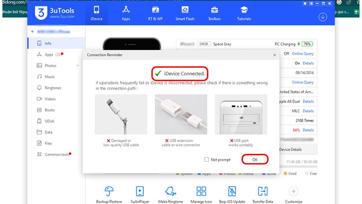 Cách kiểm tra iPhone cũ 99 bằng 3uTools - bước 2