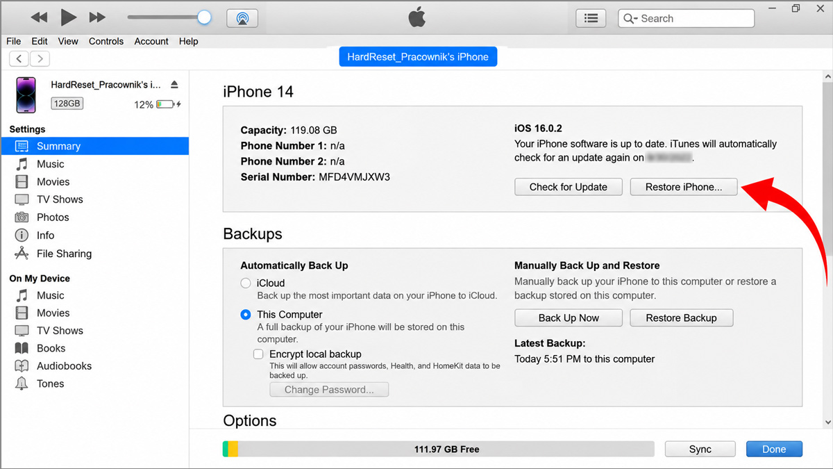 Restore lại iPhone để khắc phục lỗi loa trong Phone - bước 4