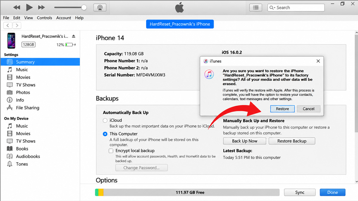 Restore lại iPhone để khắc phục lỗi loa trong Phone - bước 5