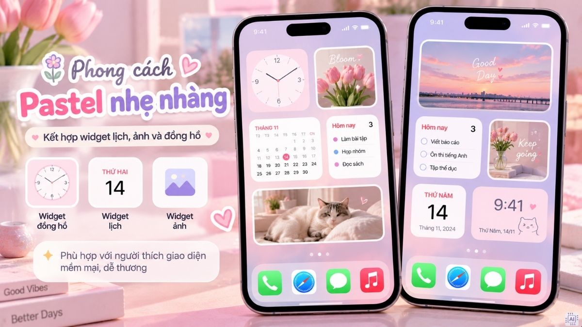 Widget iPhone với phong cách pastel nhẹ nhàng