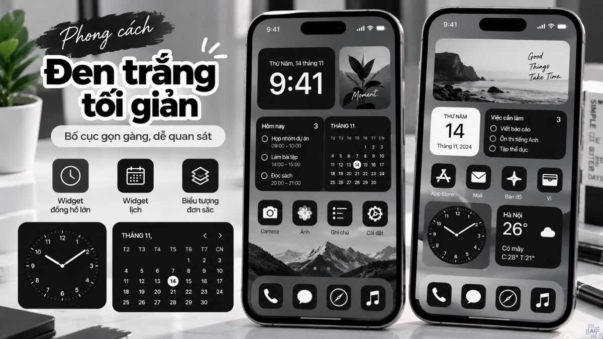 Widget iPhone với phong cách trắng đen