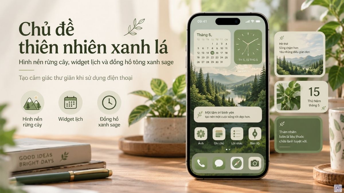 Widget iPhone với phong cách thiên nhiên xanh lá