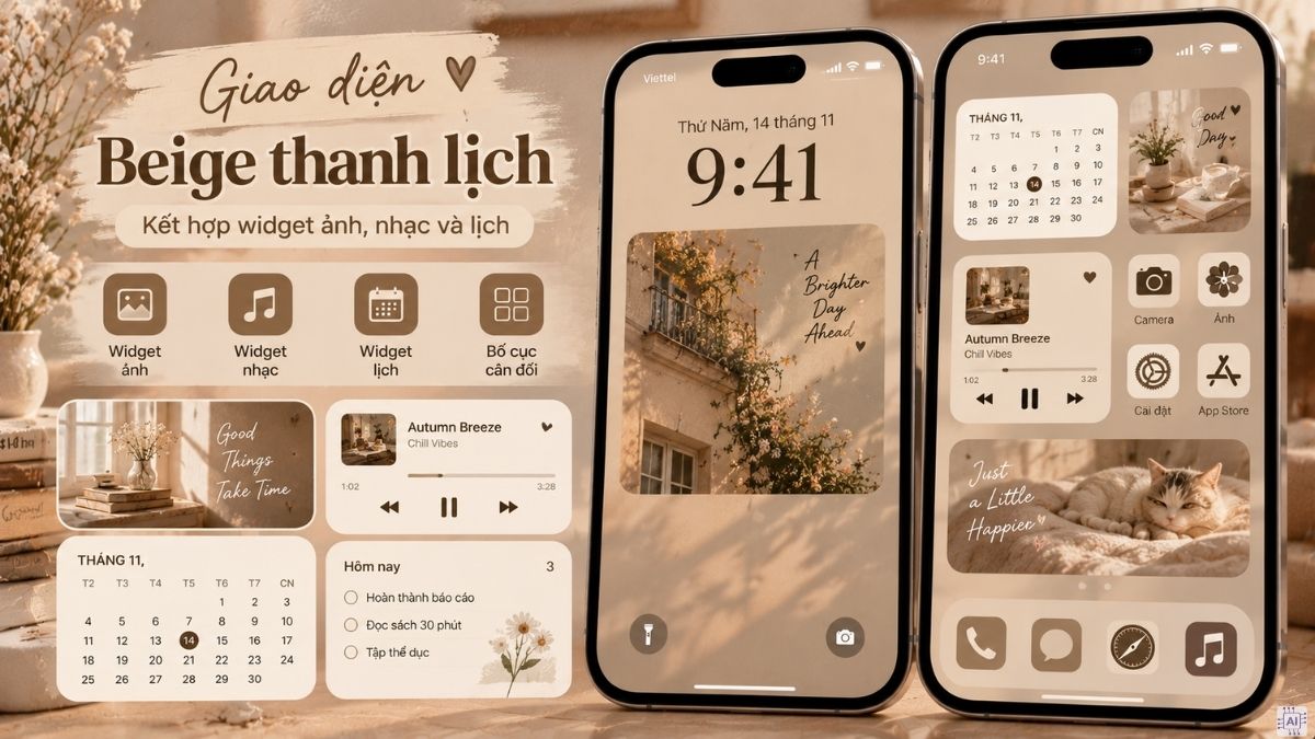 Widget iPhone với phong cách beige thanh lịch