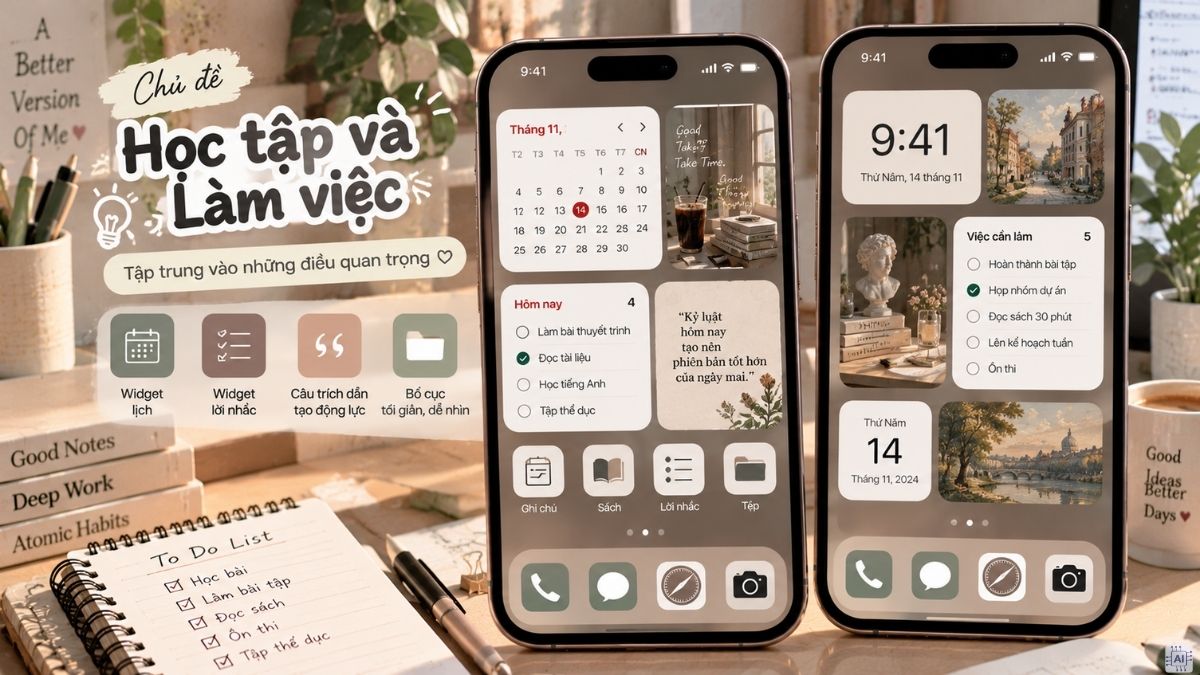 Widget iPhone với phong cách về chủ đề học tập làm việc