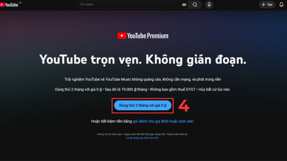 Đăng ký YouTube Premium khi không tải được video Youtube - bước 3