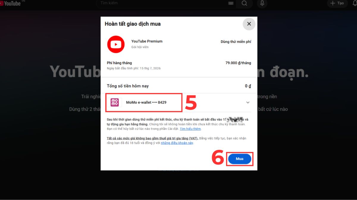 Đăng ký YouTube Premium khi không tải được video Youtube - bước 4