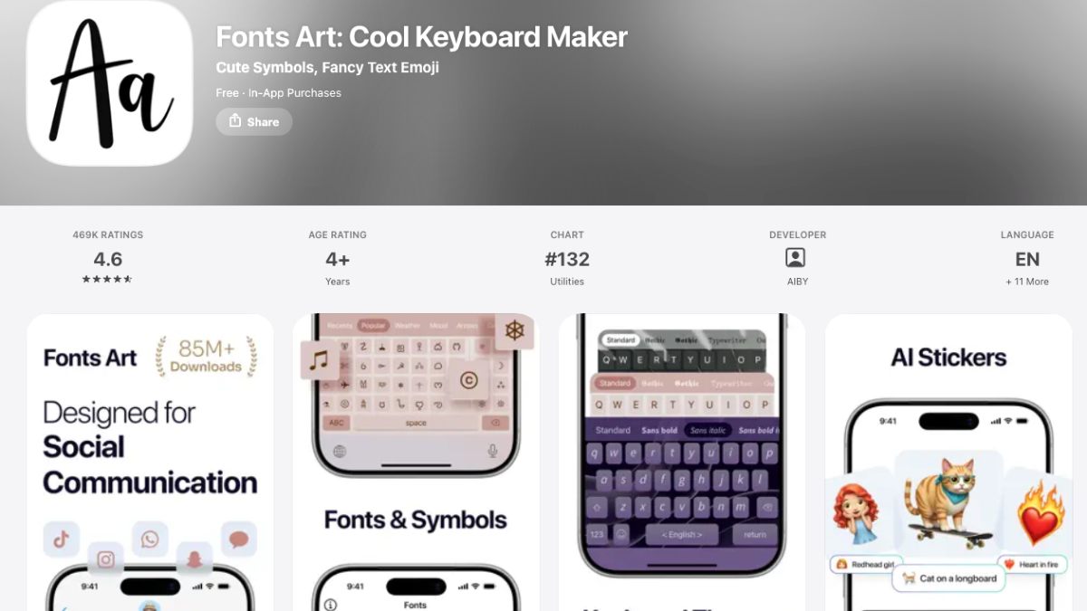 Ứng dụng bàn phím ký tự đặc biệt Fonts Art được dùng phổ biến