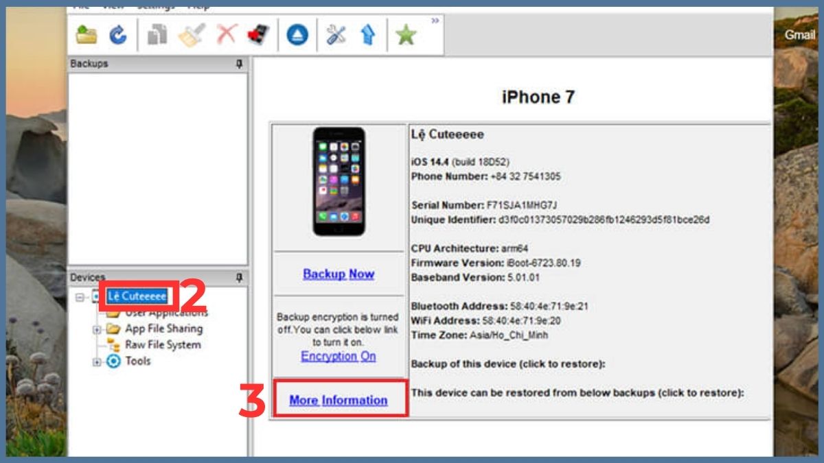 Sử dụng iBackupbot để kiểm tra độ chai pin điện thoại iPhone - bước 2
