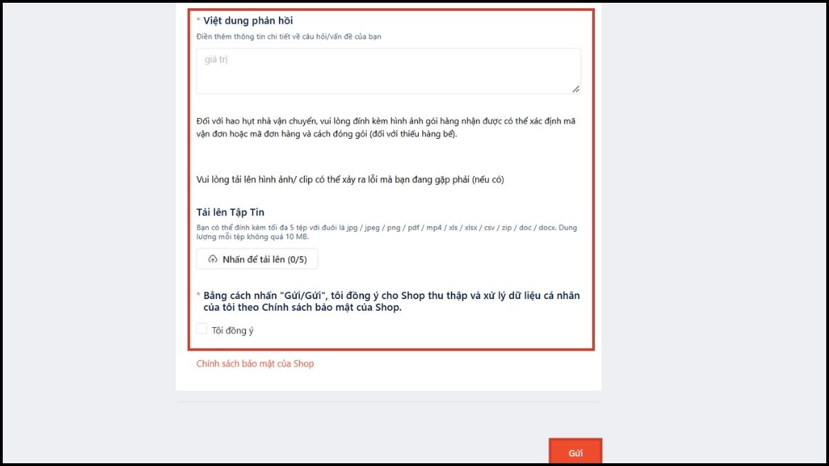 Liên hệ chăm sóc khách hàng Shopee bằng cách gửi biểu mẫu email - bước 3