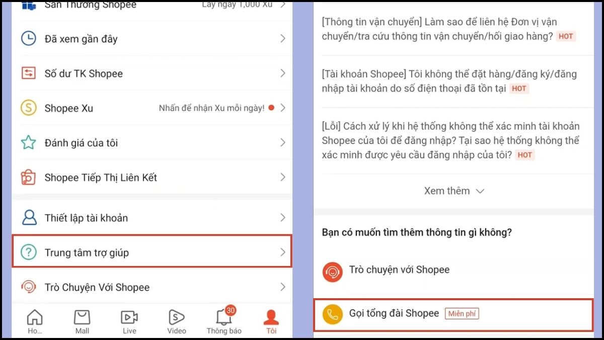 Liên hệ chăm sóc khách hàng Shopee bằng cách gọi tổng đài Shopee - bước 2