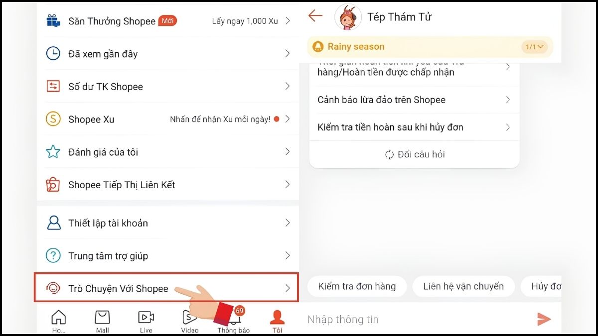 Liên hệ chăm sóc khách hàng Shopee bằng cách chat online với nhân viên - bước 2