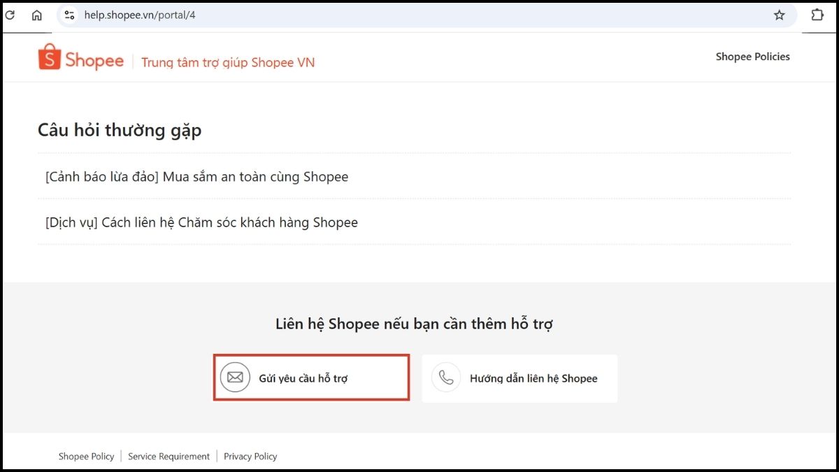 Liên hệ chăm sóc khách hàng Shopee bằng cách gửi biểu mẫu email - bước 1