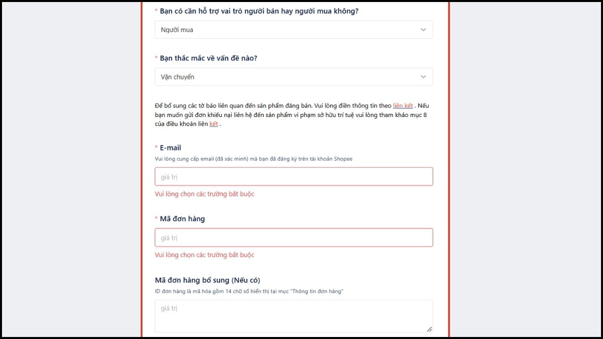 Liên hệ chăm sóc khách hàng Shopee bằng cách gửi biểu mẫu email - bước 2