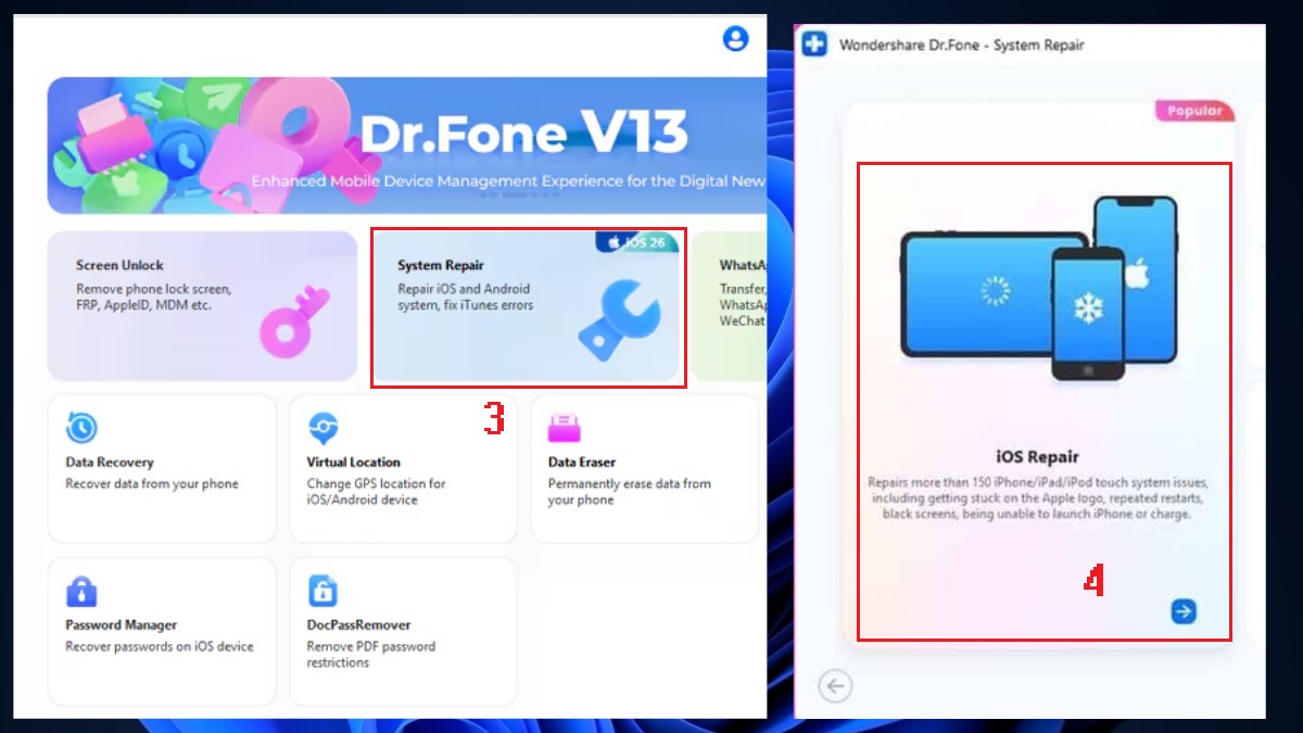 Khắc phục lỗi 4013 khi restore iPhone bằng cách dùng Dr.Fone - bước 2