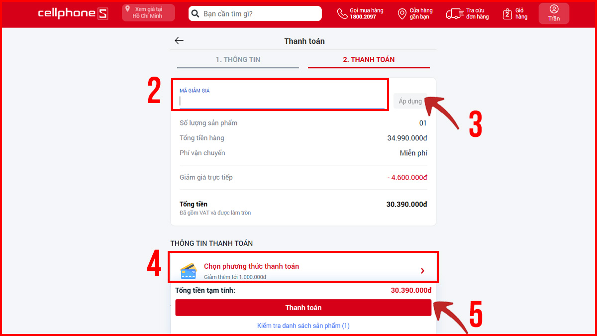 Hướng dẫn cách nhập mã giảm giá CellphoneS - bước 2,3