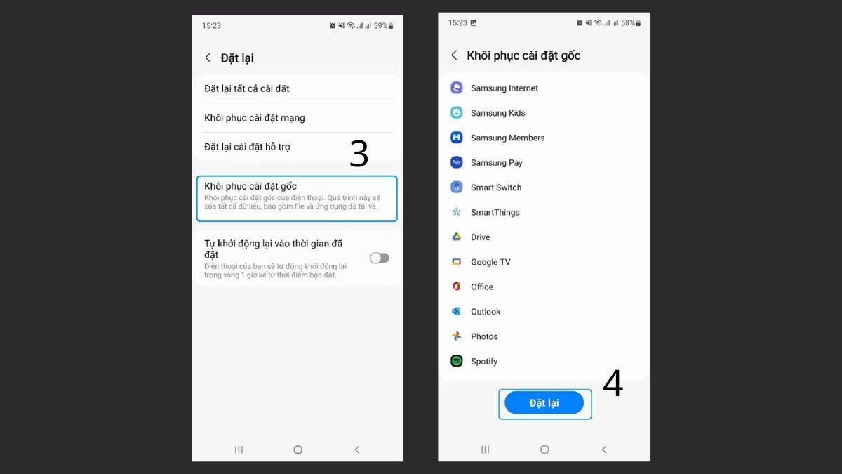 Khôi phục cài đặt gốc Android để khắc phục lỗi màn hình điện thoại sọc ngang mờ - bước 2,3
