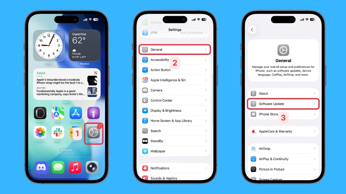 Cập nhật lại iOS để khắc phục màn hình iPhone bị liệt 1 góc - bước 1