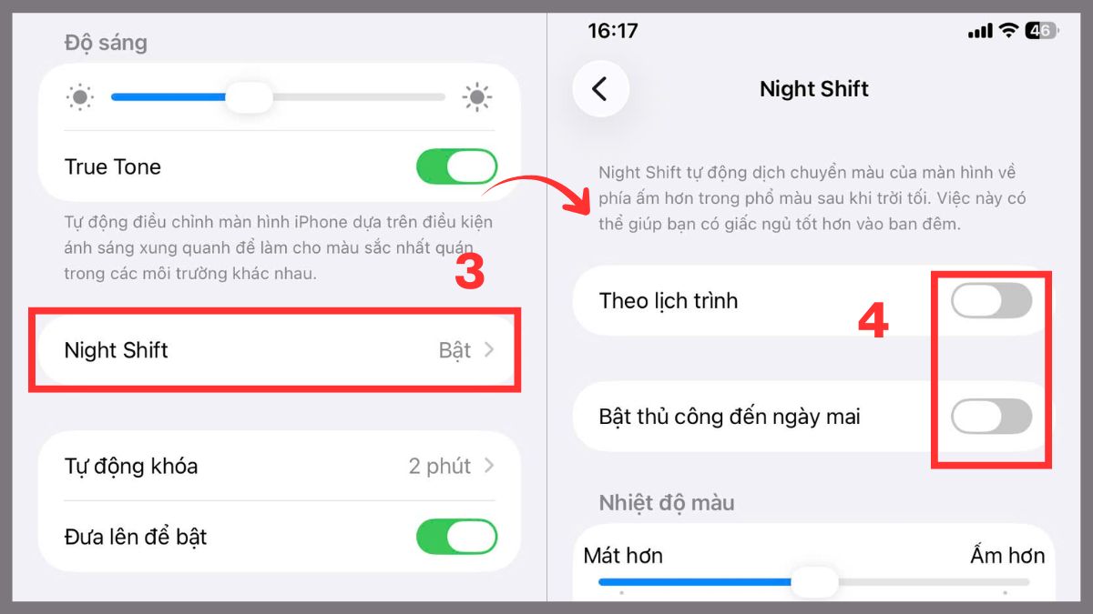 Tắt chế độ Night shift trên iPhone khi màn hình iPhone bị lỗi màu - bước 2,3