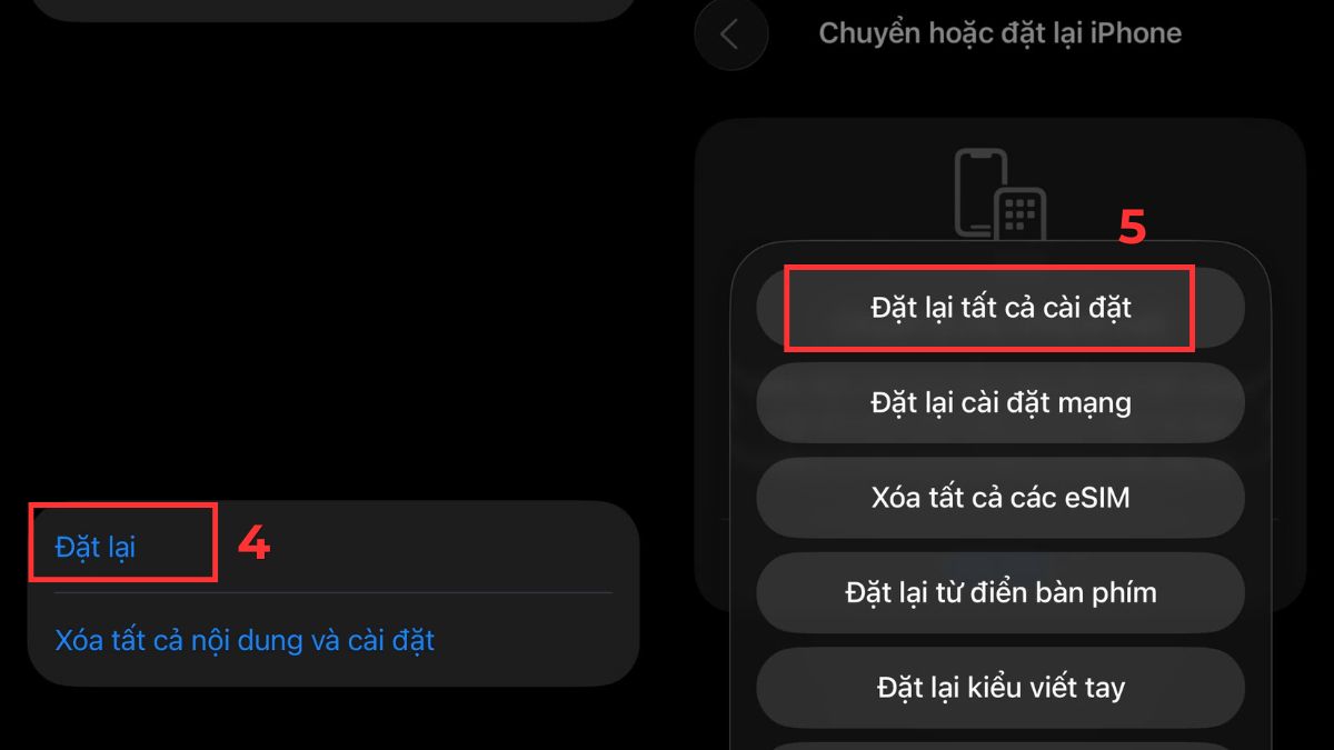 Khôi phục cài đặt gốc khi màn hình iPhone bị phản quang - bước 2,3,4