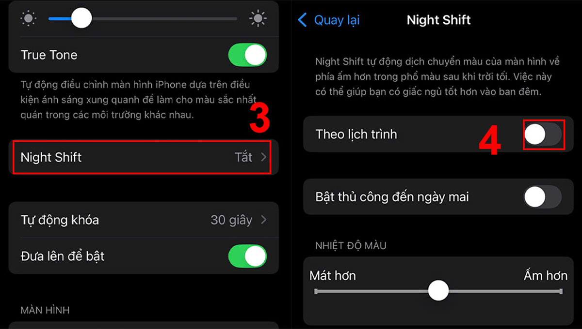 Tắt chế độ Night Shift iPhone khi màn hình iPhone bị vàng - bước 2,3
