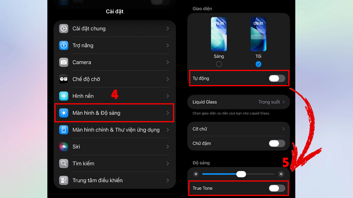 Điều chỉnh cài đặt hiển thị khi màn hình iPhone bị vệt xanh - bước 2,3,4