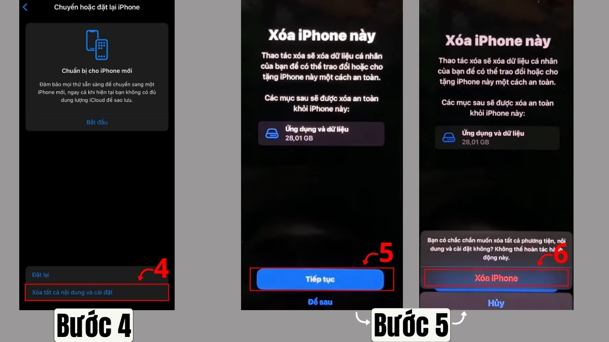 Khôi phục cài đặt gốc để khắc phục lỗi màn hình iPhone chớp nhanh liên tục - bước 2,3,4