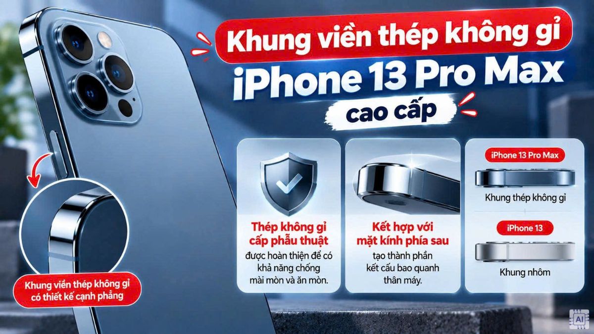 Mặt lưng iPhone 13 Pro Max có khung viền thép không gỉ cao cấp