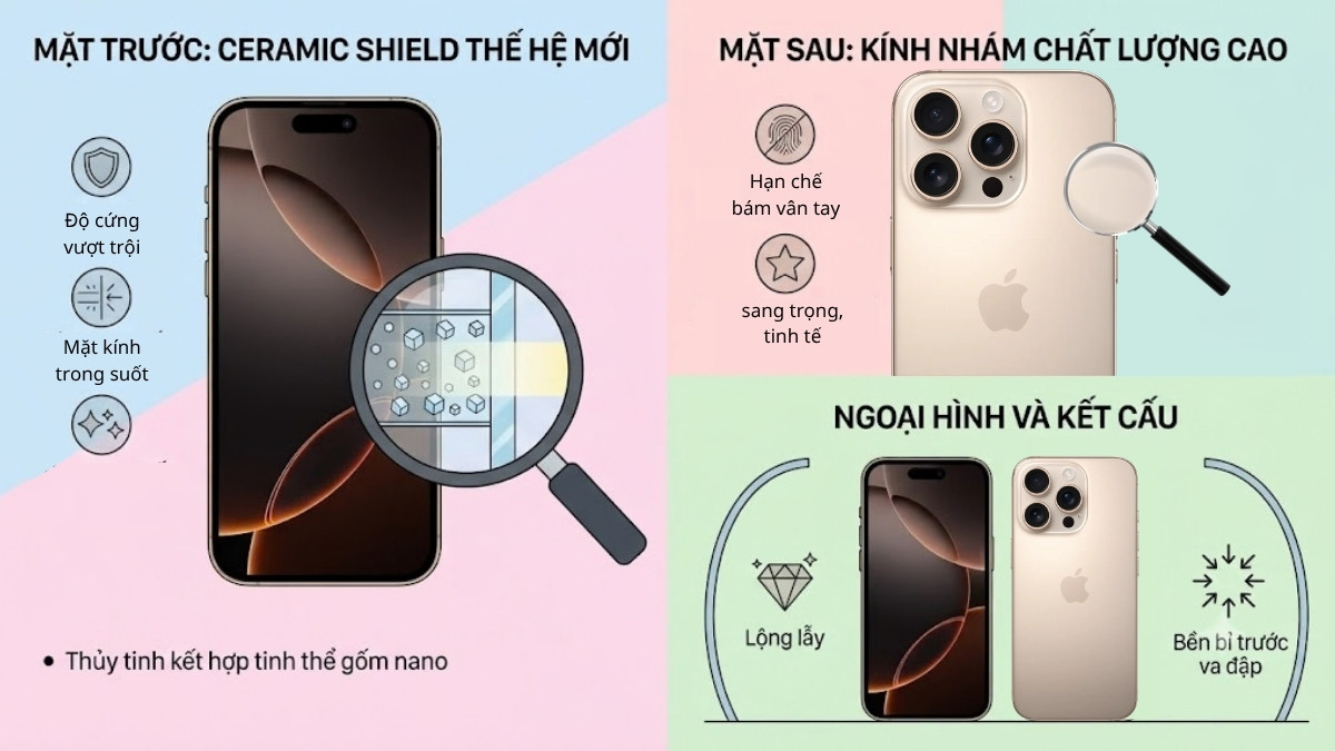 Mặt lưng iPhone 16 Pro Max có sự kết hợp của thủy tinh cao cấp và gốm nano