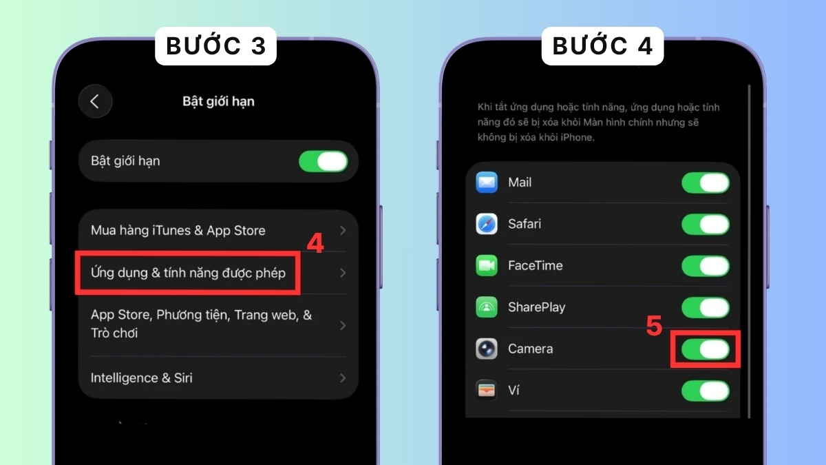 Khắc phục lỗi mất ứng dụng camera trên iPhone bằng cách kiểm tra giới hạn - bước 2,3