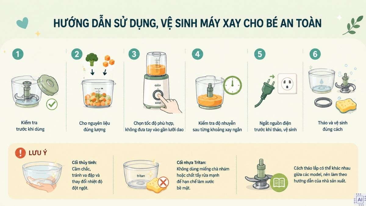 Hướng dẫn sử dụng, vệ sinh máy xay cho bé an toàn