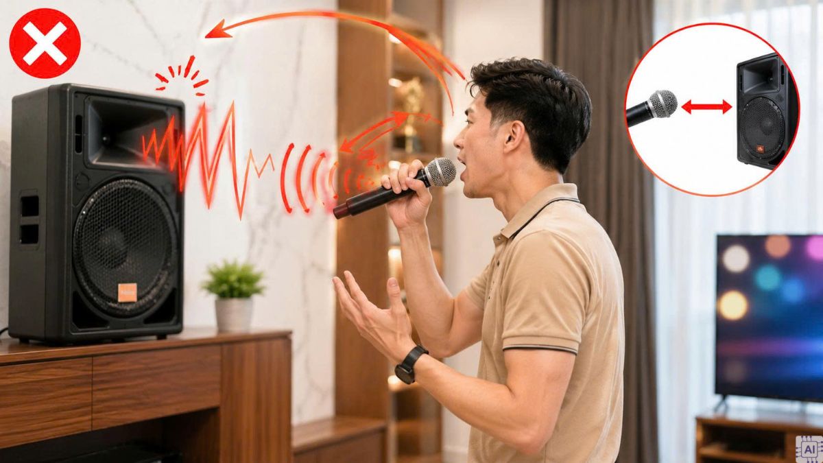 Micro karaoke bị hú rít do vị trí đặt mic, loa không phù hợp