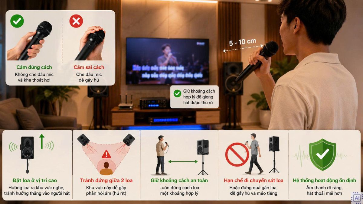 Sắp xếp không gian và kỹ thuật cầm mic để khắc phục micro karaoke bị hú