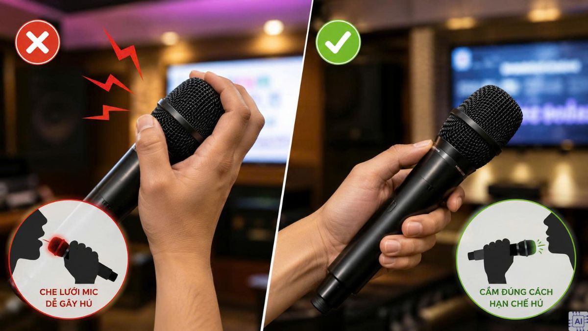 Micro karaoke bị hú rít do thao tác cầm micro sai